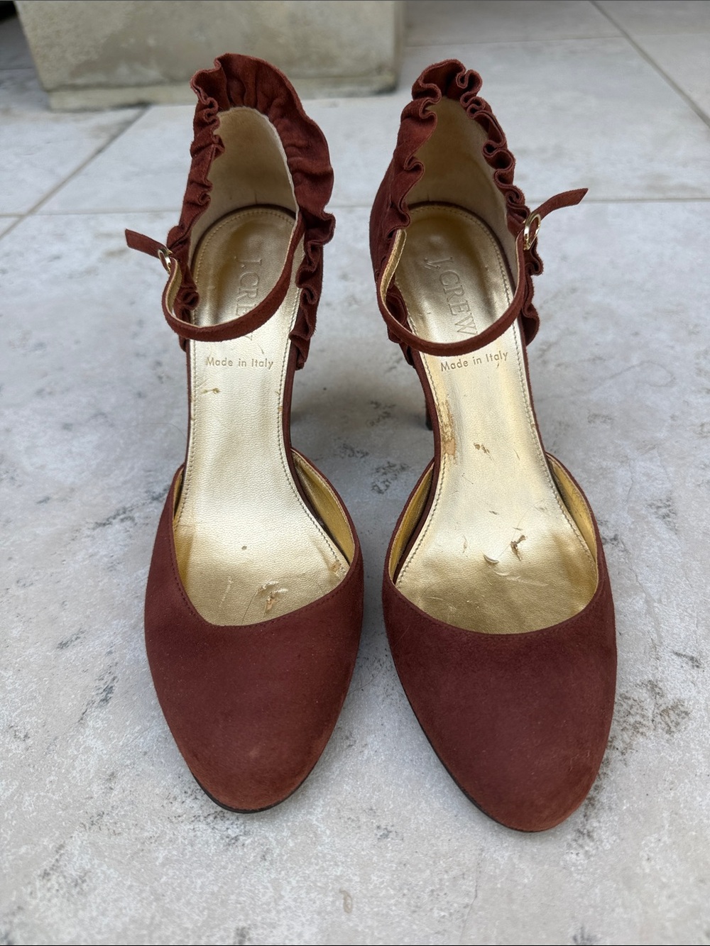 J. Crew Factory Rust Suede Ruffle Ankle-Strap Pumps